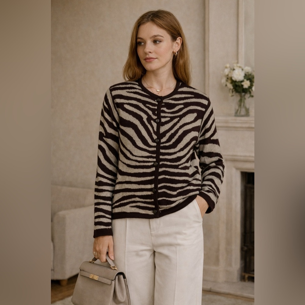 VNTG Alfred Dunner Zebra Print Thick Knit Wool Blend Sweater Jacket Grangma Sz M